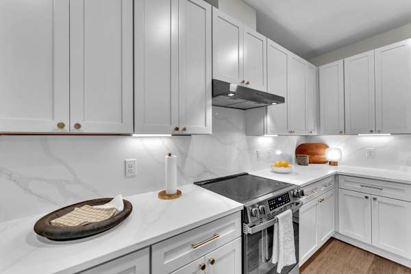 The Plaza at Pinnacle Hills kitchen with quartz countertops and backsplash, white cabinetry and stainless steel stove and hood